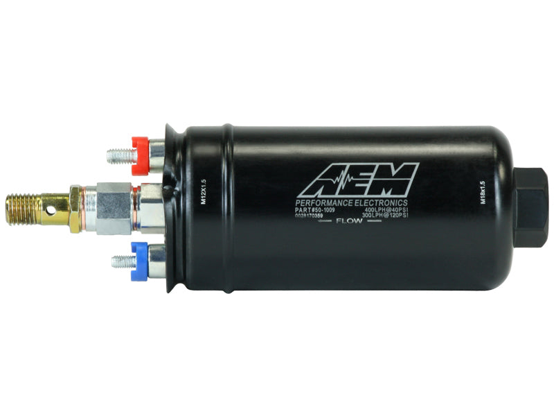 AEM 400LPH High Pressure Inline Fuel Pump - M18x1.5 Female Inlet to M12x1.5 Male Outlet 50-1009