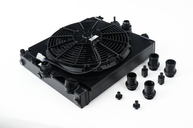 CSF Universal Half Radiator w/-16AN & Slip-On Fittings/12in SPAL Fan & Shroud - Black Finish 2858XB