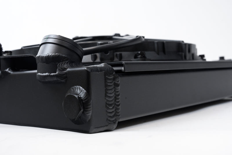 CSF Universal Half Radiator w/-16AN & Slip-On Fittings/12in SPAL Fan & Shroud - Black Finish 2858XB