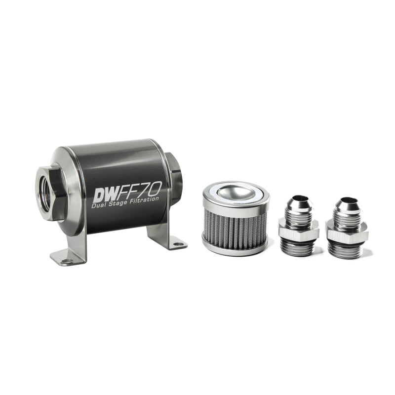 DeatschWerks Stainless Steel 8AN 10 Micron Universal Inline Fuel Filter Housing Kit (70mm) 8-03-070-010K-8