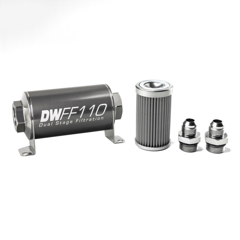 DeatschWerks Stainless Steel 8AN 100 Micron Universal Inline Fuel Filter Housing Kit (110mm) 8-03-110-100K-8