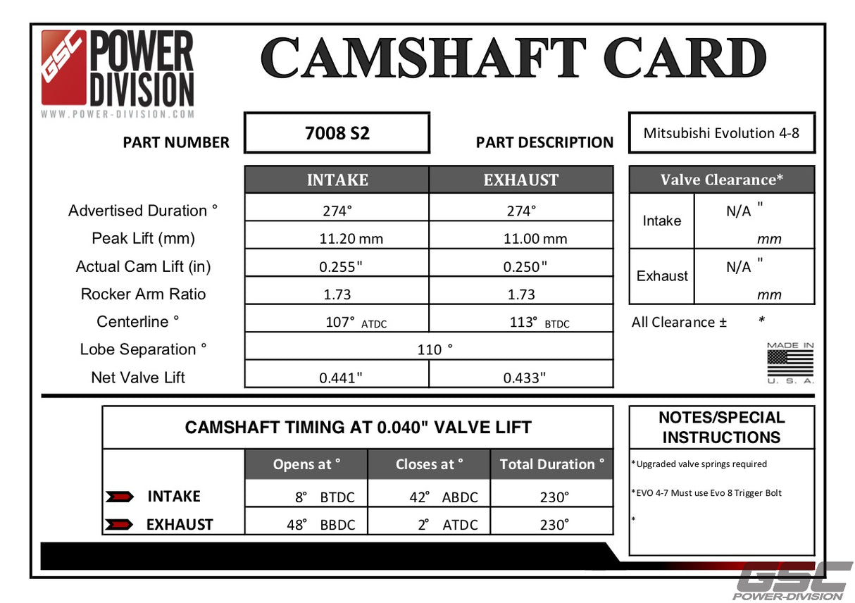 GSC P-D Mitsubishi Evolution 4-8 4G63 S2 Cams 274/274 Billet