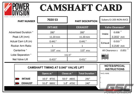 GSC P-D Subaru EJ-205 (Non-AVCS) S3 Billet Cams 280/280 7020S3