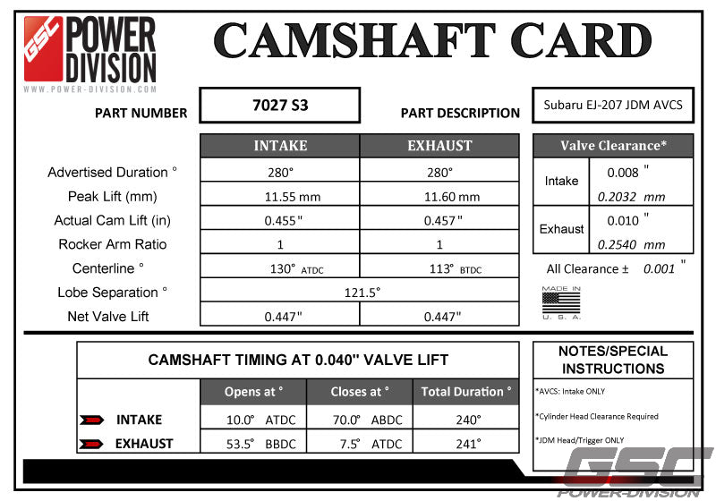 GSC P-D Subaru EJ20 JDM / Euro Spec STi S3 Cams 282/282 (Not compatible w/USA Spec Engines) Billet
