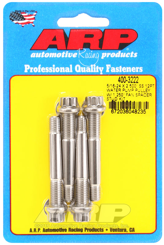 ARP 5/16-24 X 2.500 SS 12pt water pump pulley w/ 1.250in fan spacer stud kit 400-3222